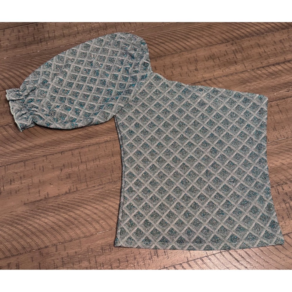 Willow + Root Metallic One Shoulder Puffy Sleeve Diamond Knit Top Teal Silver S